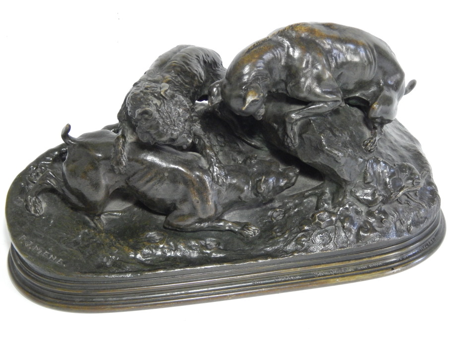 Appraisal: After Pierre-Joules Mene - A figure group of three dogs