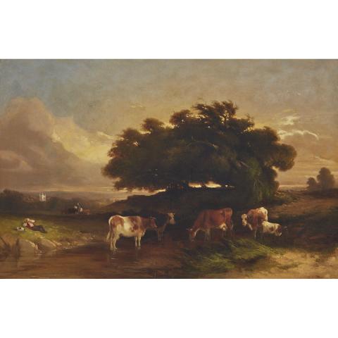 Appraisal: TH CENTURY BRITISH CATTLE WATERING IN THE SHADE WHILE THE