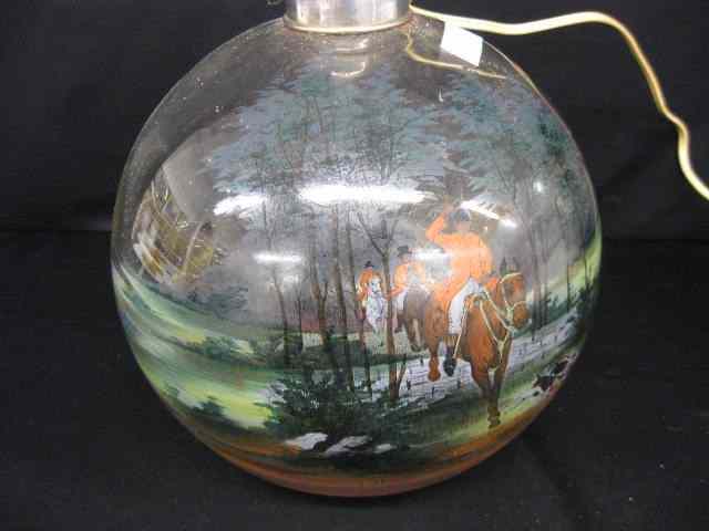 Appraisal: Glass Lamp Base handpainted fox hunt scene '' diameter