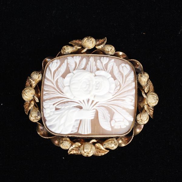 Appraisal: Victorian Figural Hand holding Flowers Shell Cameo Pin in Two