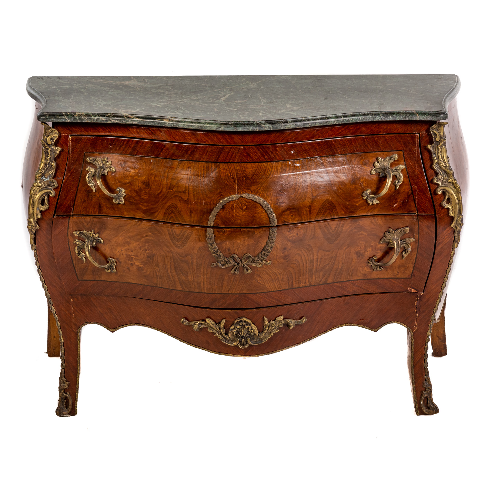 Appraisal: LOUIS XV STYLE MARBLE TOP BOMBE COMMODE th century gilt