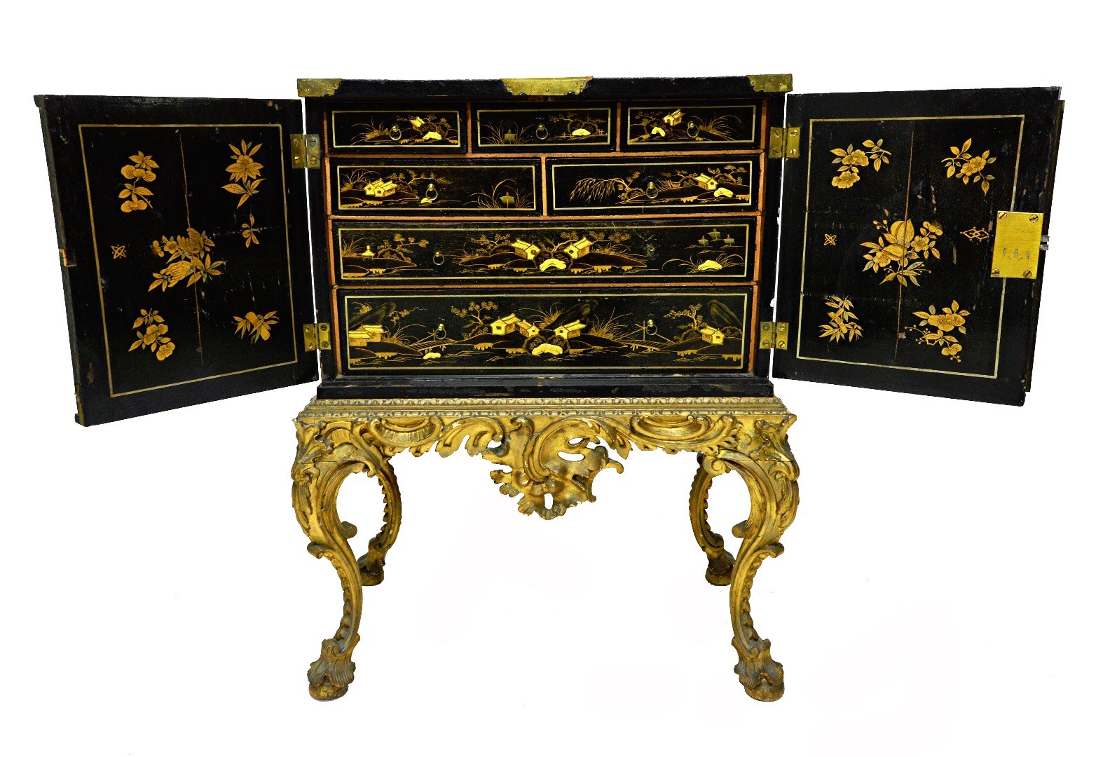 Appraisal: An early th century black lacquer chinoiserie decorated cabinet the