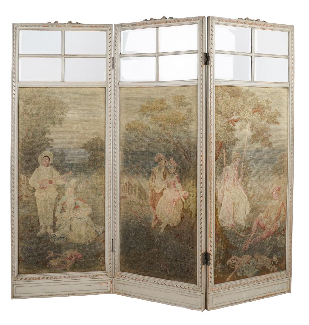 Appraisal: NEOCLASSIC THREE-FOLD FLOOR SCREENpainted wood glass and tapestry each panel