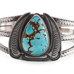 Appraisal: Navajo Stamped Silver Cuff Bracelet with Turquoise second quarter -