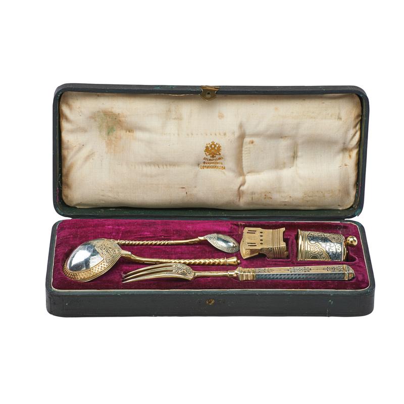 Appraisal: PAVEL OVCHINNIKOV SILVER PARTIAL GILT NIELLO TRAVEL SET Five Cased