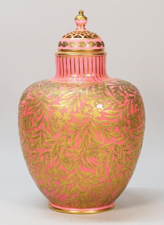 Appraisal: ROYAL CROWN DERBY LIDDED URNRoyal Crown Derby urn with pink