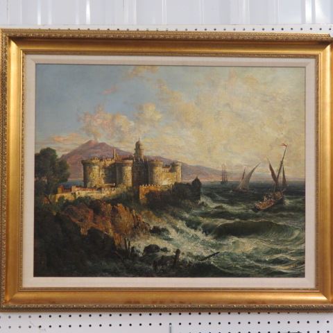 Appraisal: th Century Oil European scene with castle along the coast