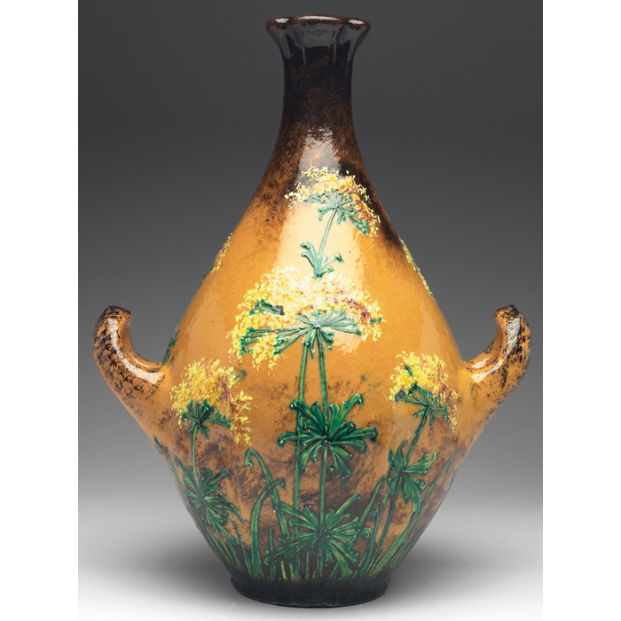 Appraisal: Amphora vase large bulbous and double handled shape with painted