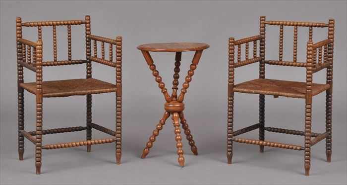 Appraisal: PAIR OF ENGLISH VICTORIAN BEECH BOBBIN-TURNED ARMCHAIRS Each with rectangular