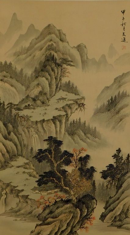 Appraisal: Japanese Calligraphy Landscape Hanging Wall Scroll Japan Misty mountains dotted