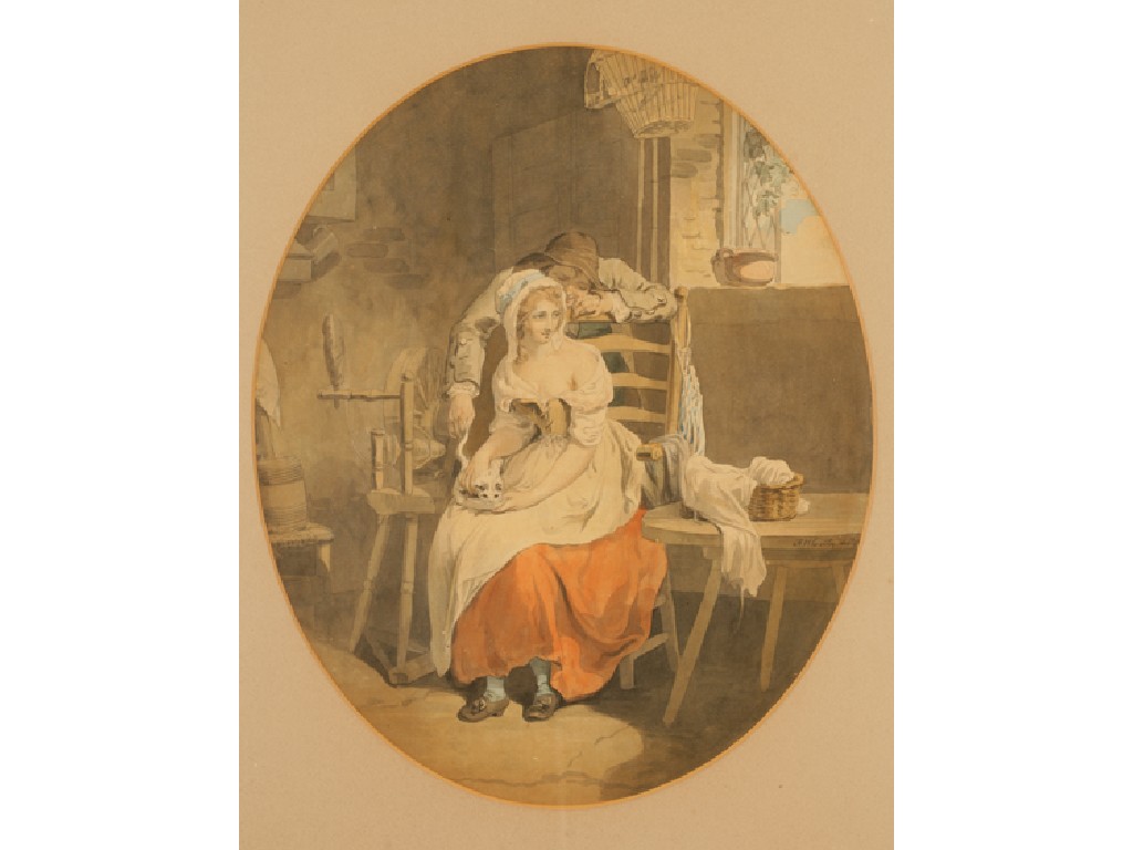 Appraisal: FRANCIS WHEATLEY A woman spinning in an interior a cat