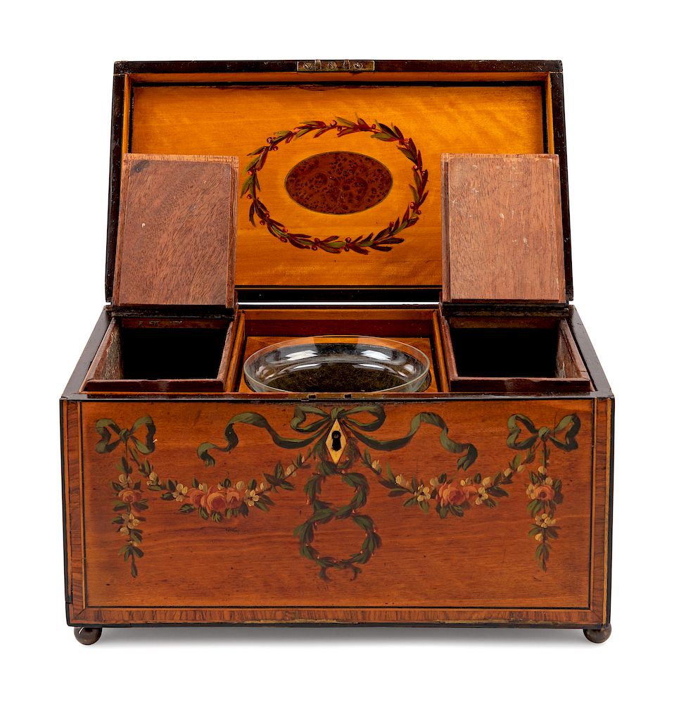 Appraisal: An Edwardian Painted Satinwood Tea Caddy An Edwardian Painted Satinwood