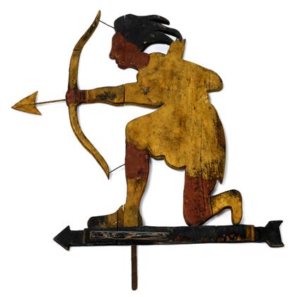 Appraisal: Painted and carved wooden weathervane of an Indian shooting an