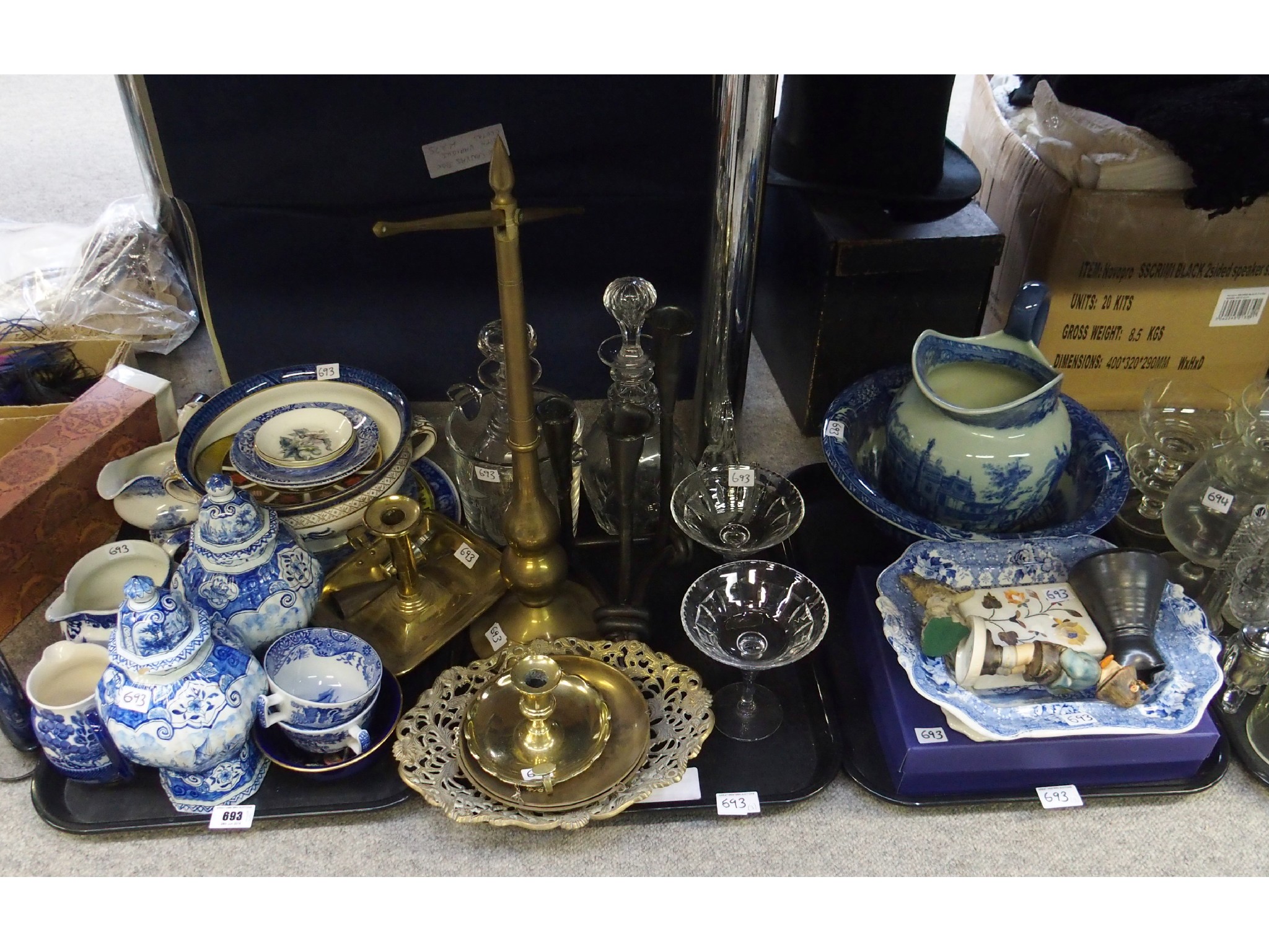 Appraisal: Assorted blue and white pottery Royal Crown Derby plate brassware