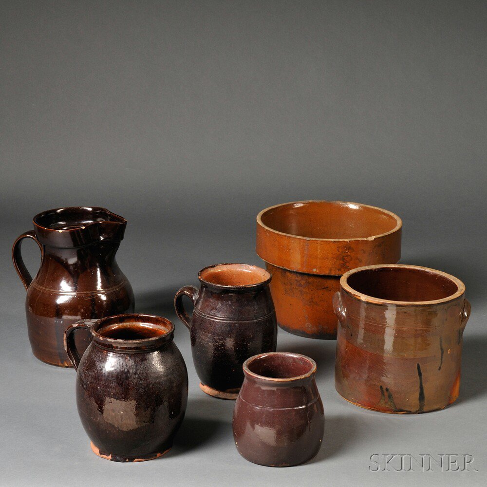 Appraisal: Six Redware and Stoneware Pottery Items probably New England early