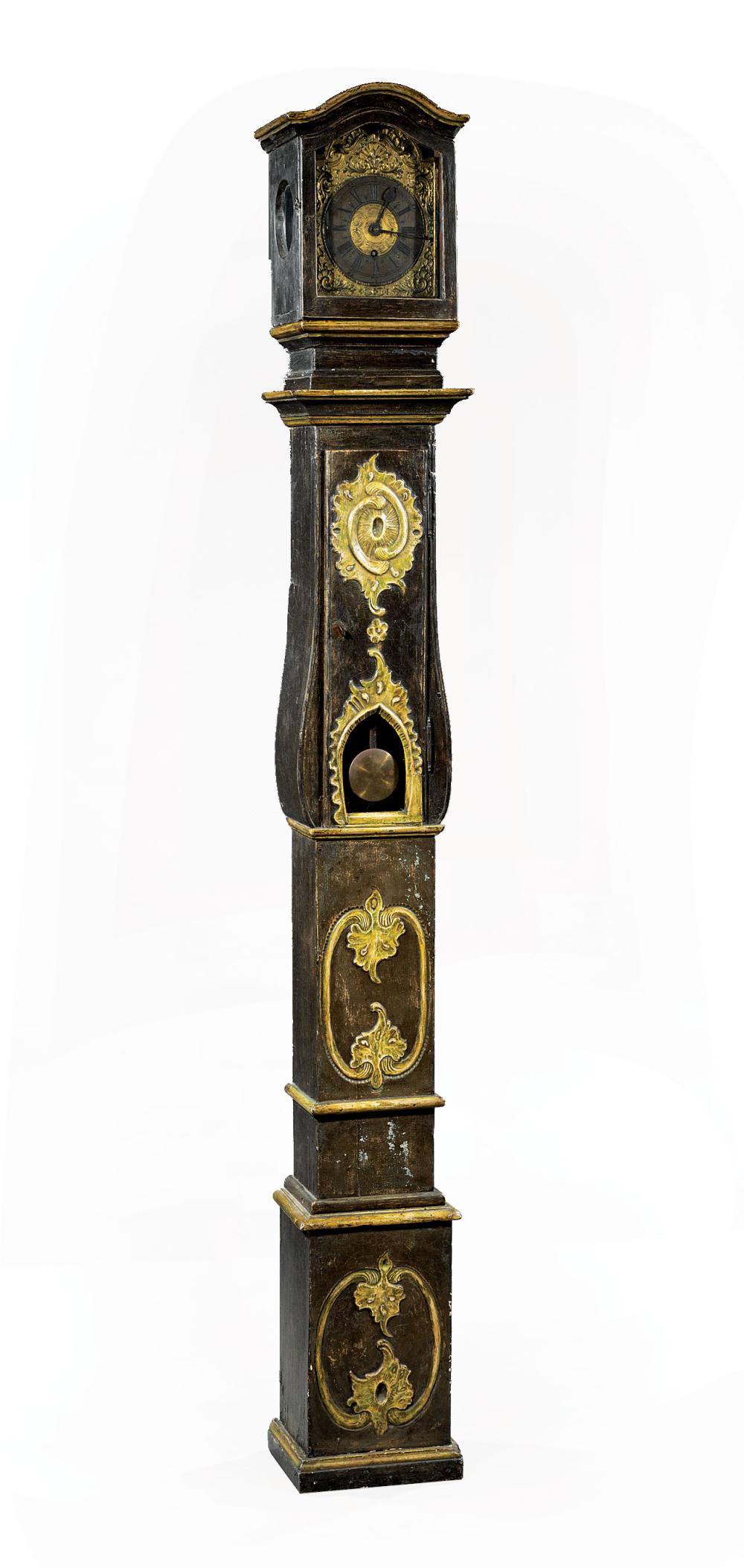 Appraisal: Antique French Painted Tall Case Clock early th c scroll-carved