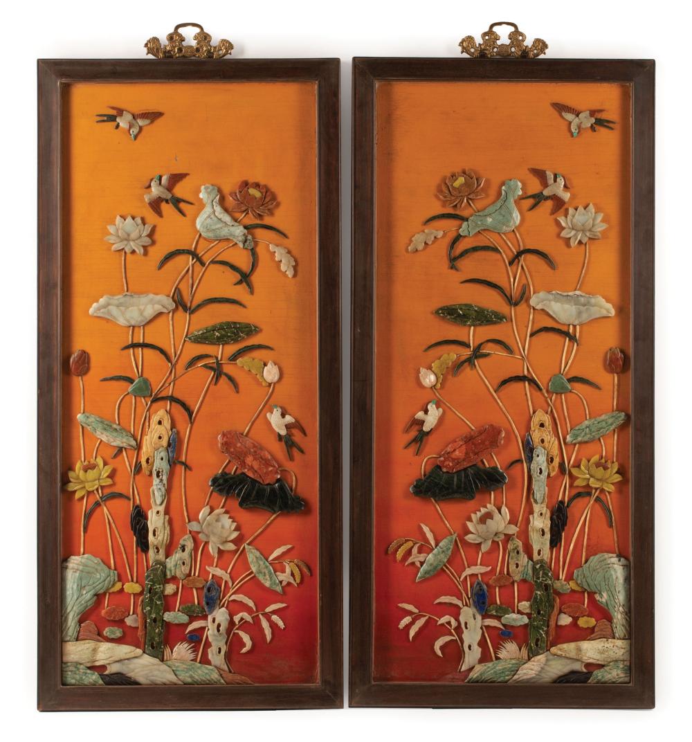 Appraisal: Pair of Chinese Hardstone Embellished Orange Lacquer Wall Panels decorated