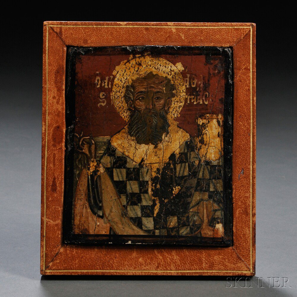 Appraisal: Greek Icon in Leather Frame th century depicting a bishop