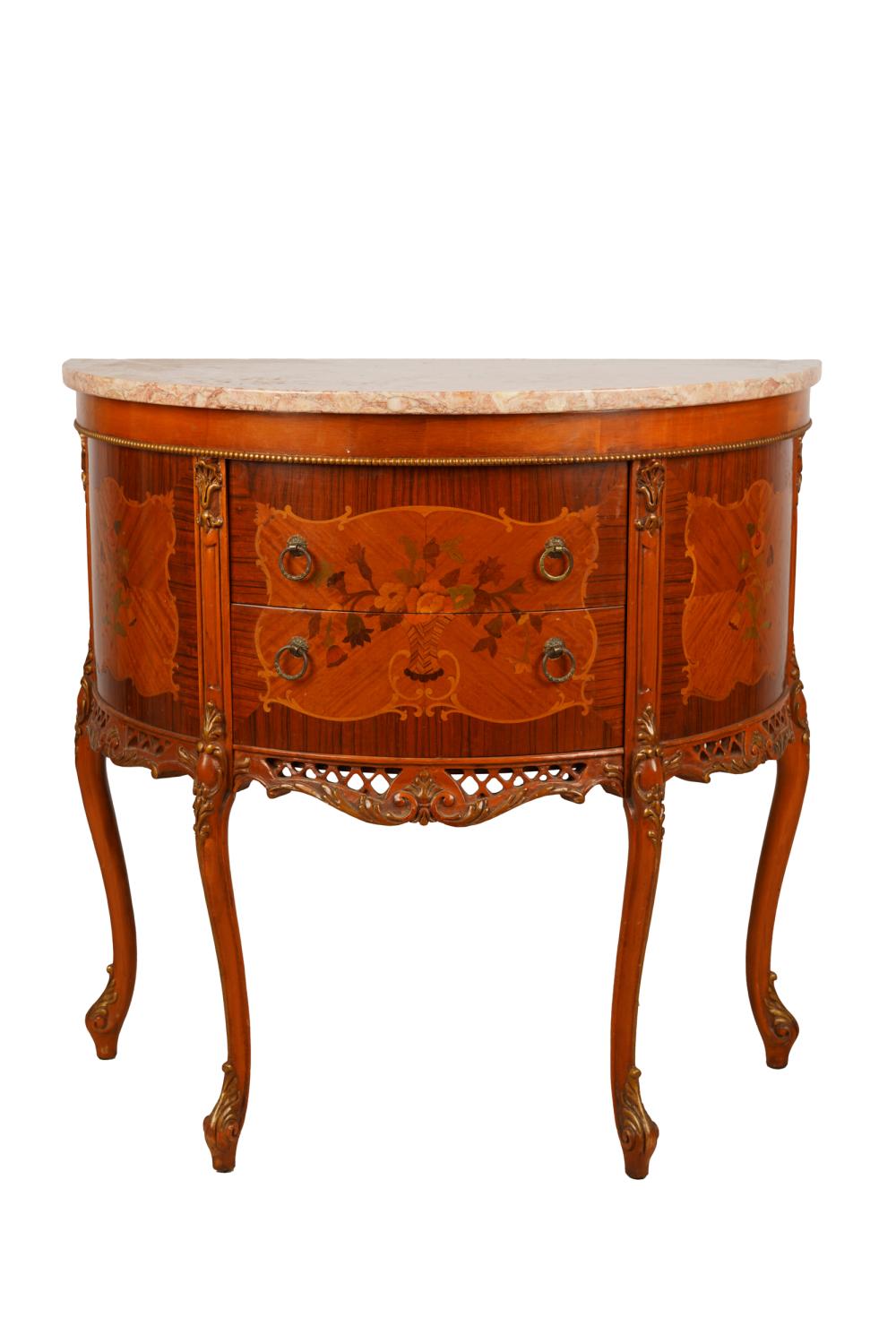 Appraisal: LOUIS XV STYLE DEMILUNE PETITE COMMODEwith pink marble top over