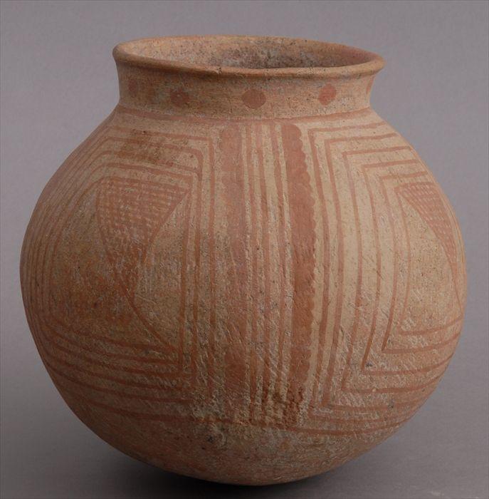 Appraisal: NEOLITHIC-TYPE POTTERY VESSEL The ovoid bowl with concentric panels centering