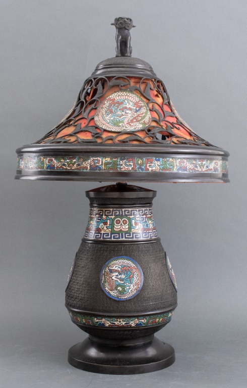 Appraisal: JAPANESE DECO RUBBED BRONZE CLOISONNE SHADED LAMP Japanese Art Deco