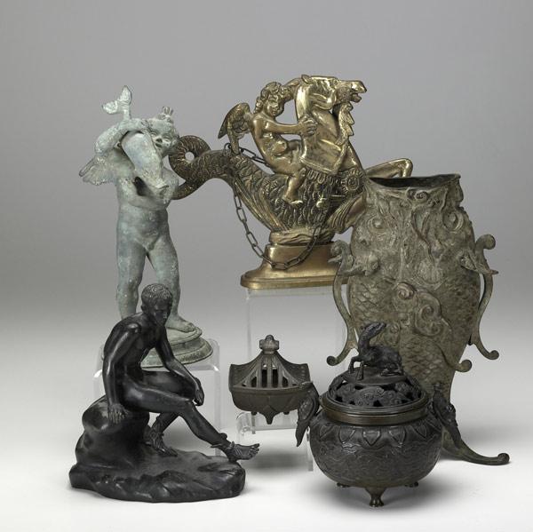 Appraisal: METALS GROUPING Six pieces include two Japanese bronze incense burners