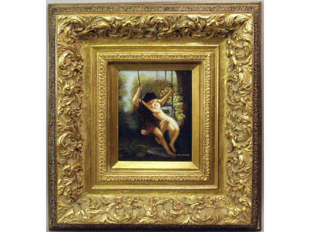 Appraisal: Ornamental framed oil on board depicting couple in a swing