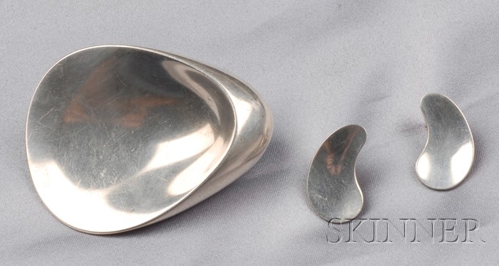 Appraisal: Sterling Silver Brooch and Earclips Georg Jensen an oyster shell