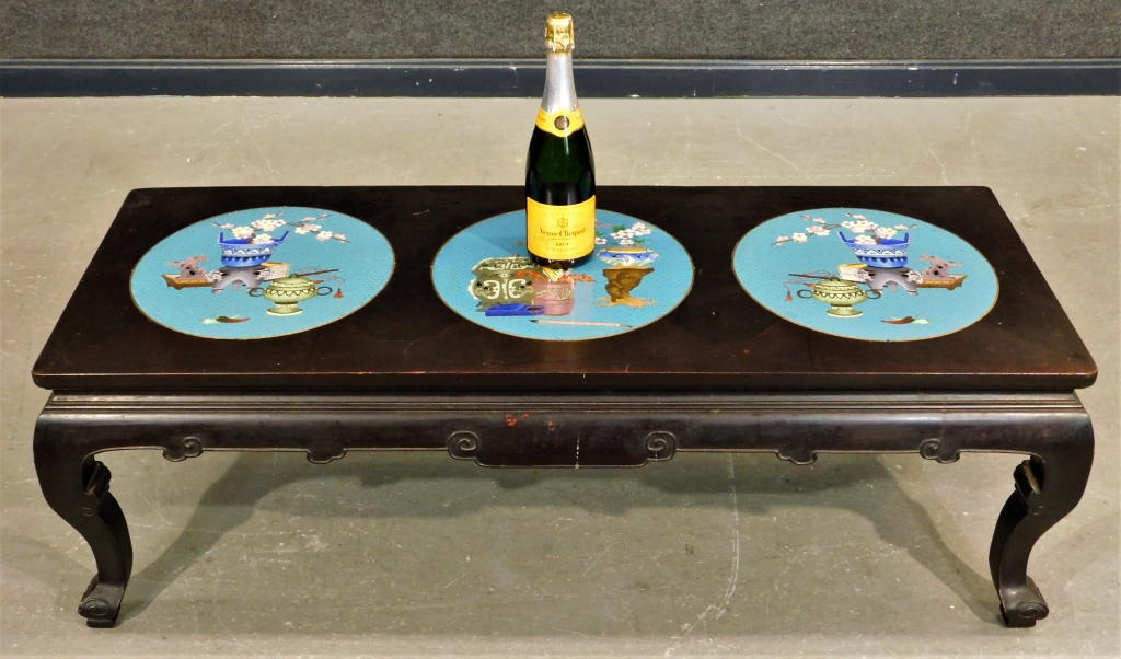 Appraisal: CHINESE CLOISONNE INSET PANEL COFFEE TABLE China th CenturyRectangular top