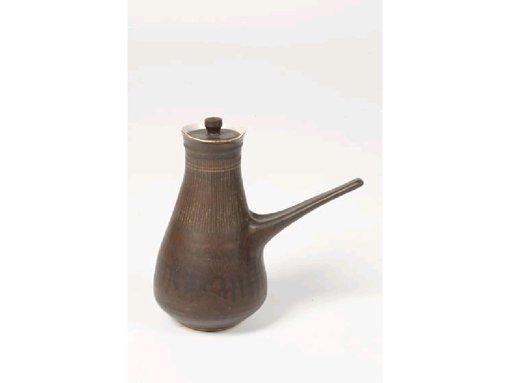 Appraisal: LUCY RIE A PORCELAIN COFFEE POT with trailed dark glaze