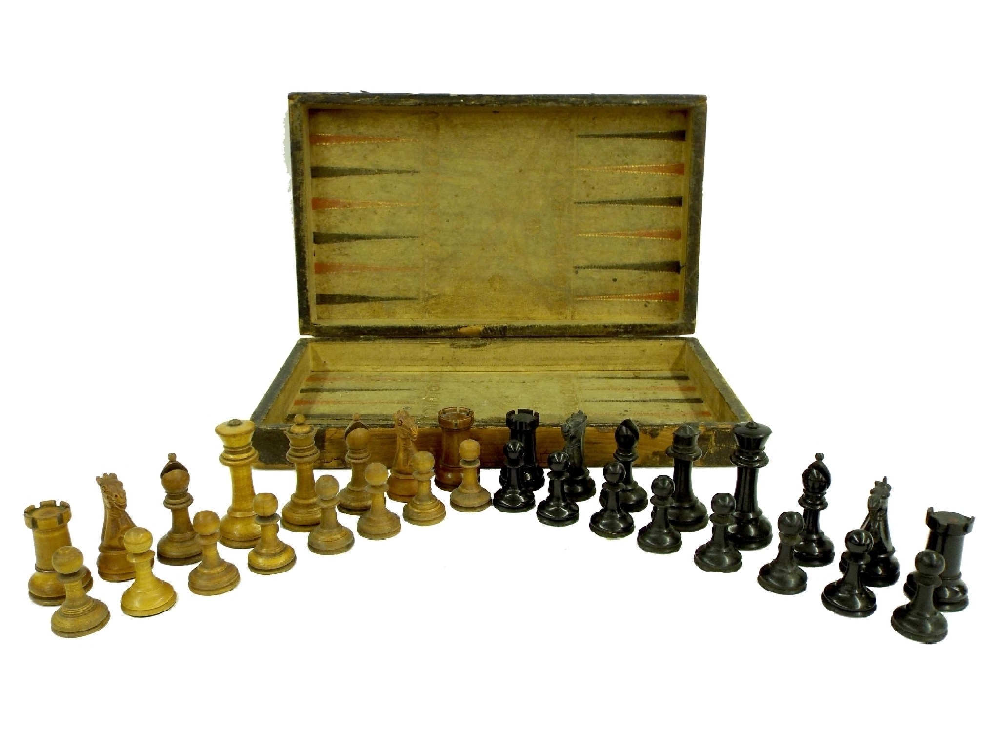 Appraisal: th century large weight harlequin Staunton chess set within a