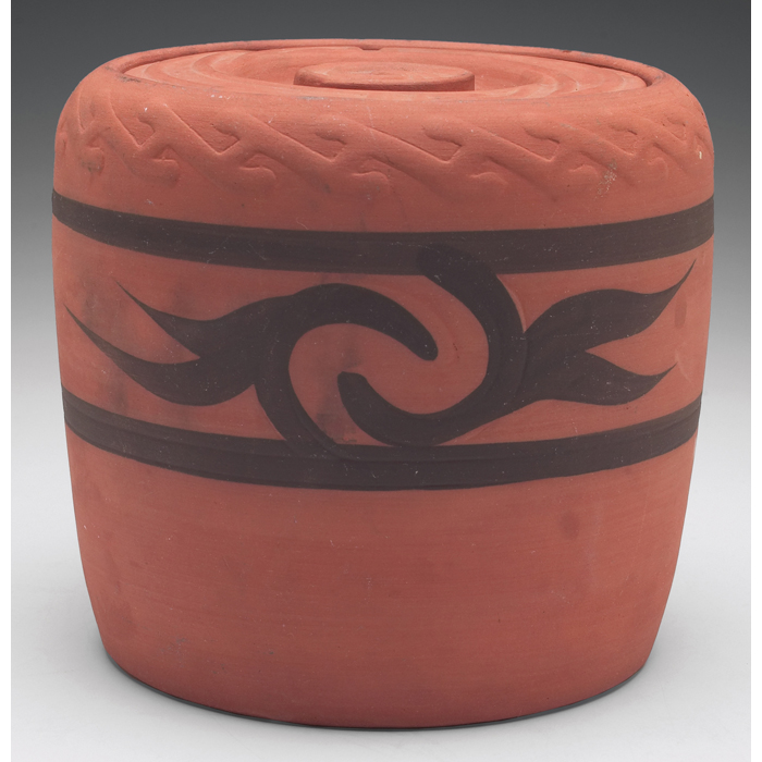 Appraisal: Clifton covered vessel red clay witha stylized design in black