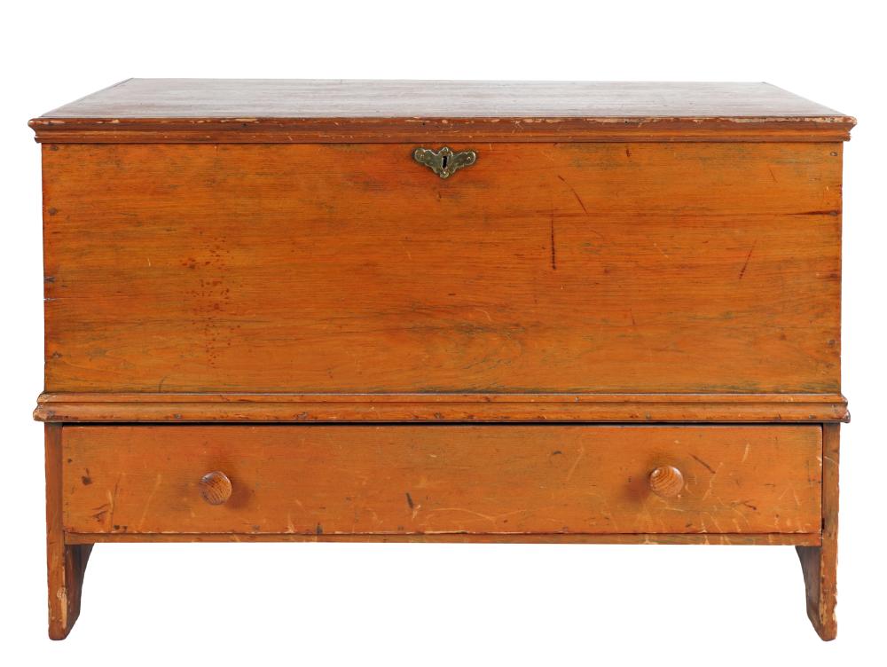 Appraisal: ANTIQUE PINE BLANKET CHEST th century the hinged lid enclosing