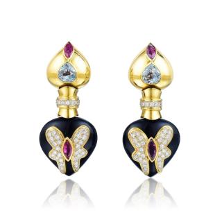 Appraisal: A Pair of Onyx Aquamarine Ruby and Diamond Earrings Designed