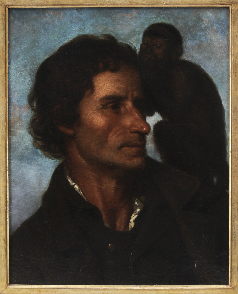 Appraisal: American School th century Man With Monkey unsigned oil on