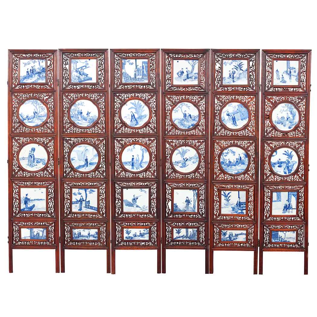 Appraisal: Chinese Blue and White Porcelain Inlaid Wood Six-Panel Screen th