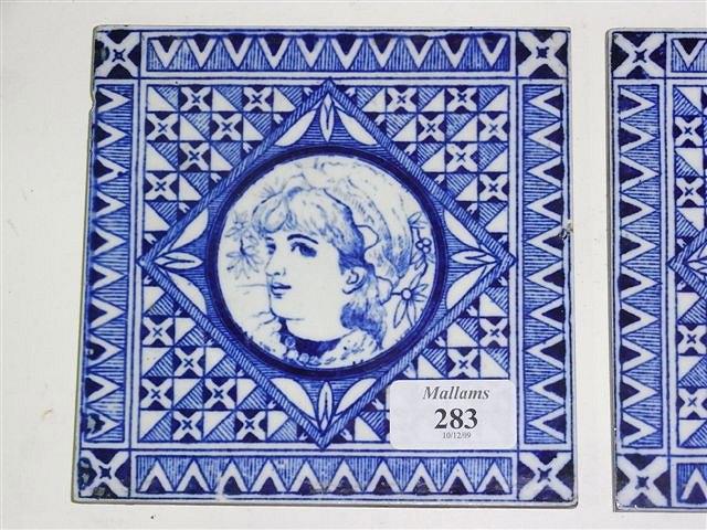 Appraisal: FIVE MINTON HOLLINS TILES blue and white depicting the portrait