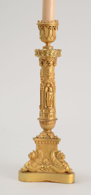 Appraisal: ENGLISH GOTHIC REVIVAL GILT-METAL CANDLESTICK MOUNTED AS A LAMP The