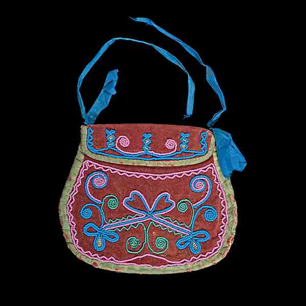 Appraisal: Micmac Beaded Purse thread-sewn and beaded on red velveteen edged