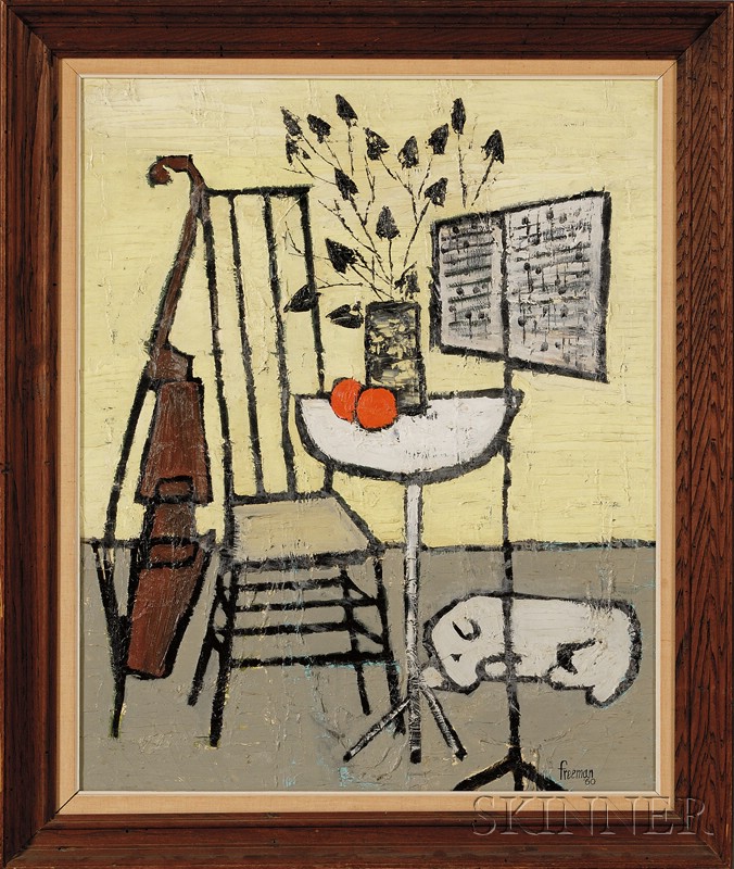 Appraisal: American School th Century Still Life with Cello and Dog