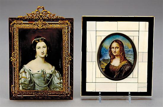 Appraisal: Two portrait miniature watercolors circa MONA LISA within parquetry ivory