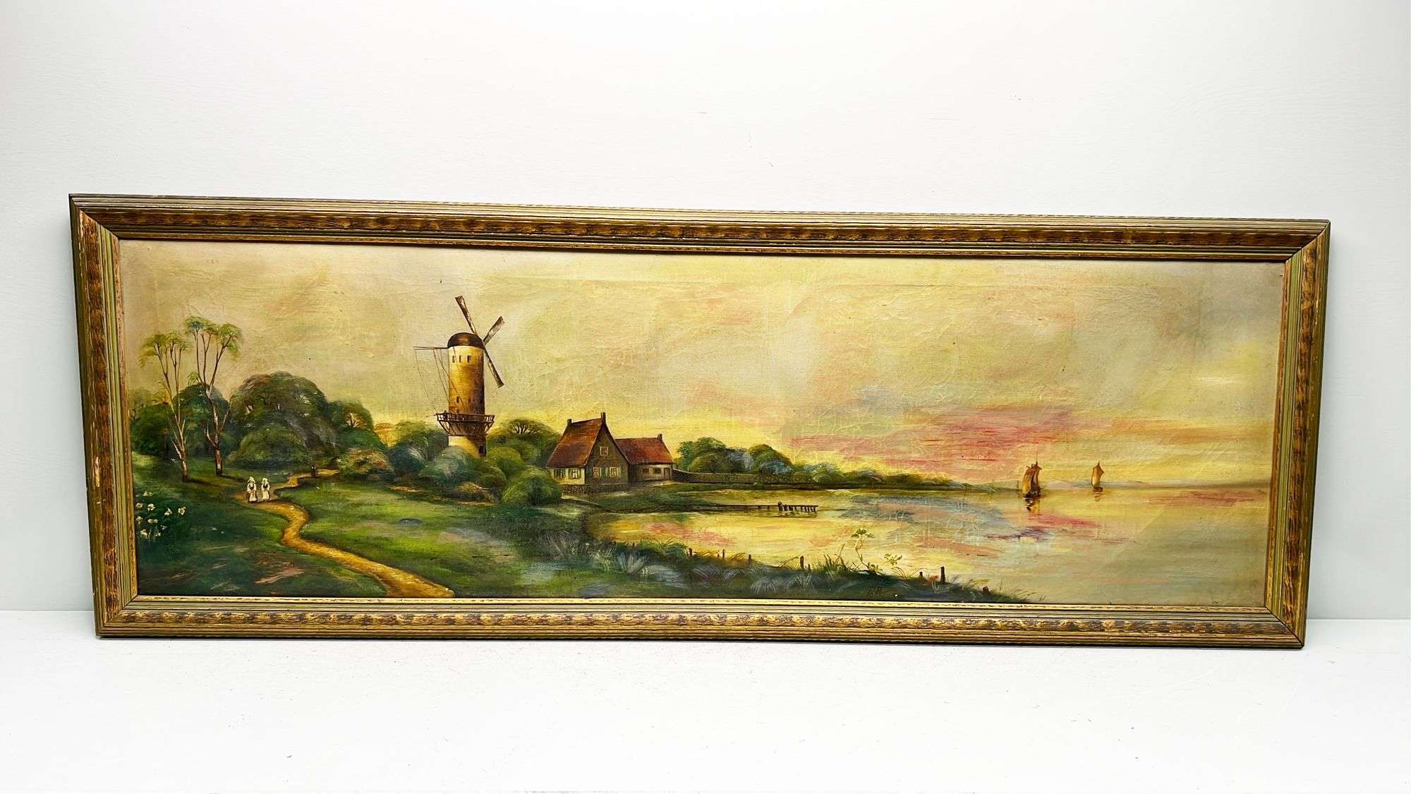 Appraisal: Continental Windmill Landscape Oil On Canvas Painting Signed FR by