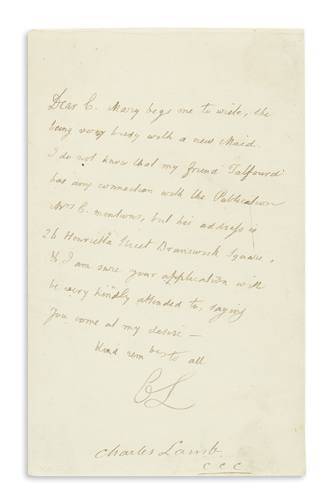 Appraisal: LAMB CHARLES Autograph Letter Signed CL to Shakespeare scholar Charles