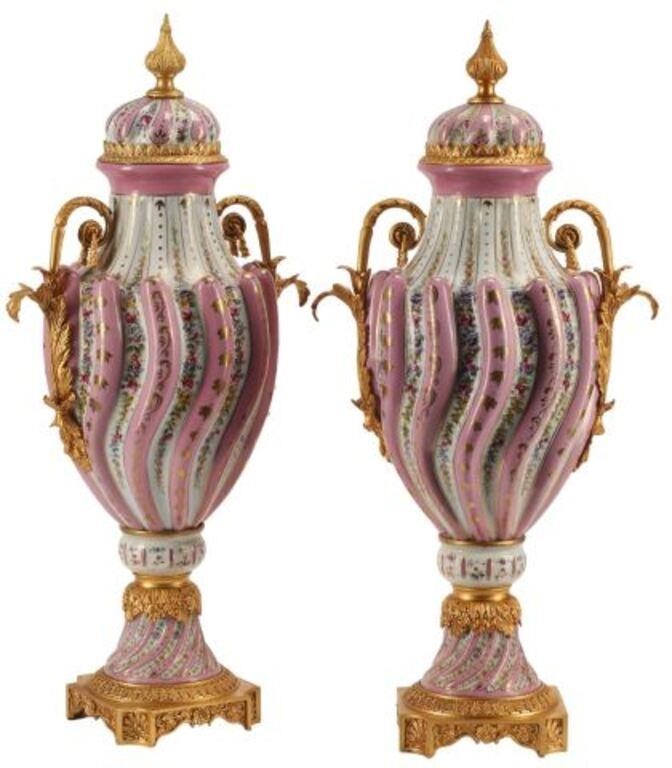 Appraisal: pair Sevres style porcelain vases with bronze dore mounts and