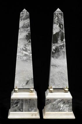 Appraisal: PAIR OF NEOCLASSICAL-STYLE MARBLE-MOUNTED ROCK CRYSTAL OBELISKS Each flared stem