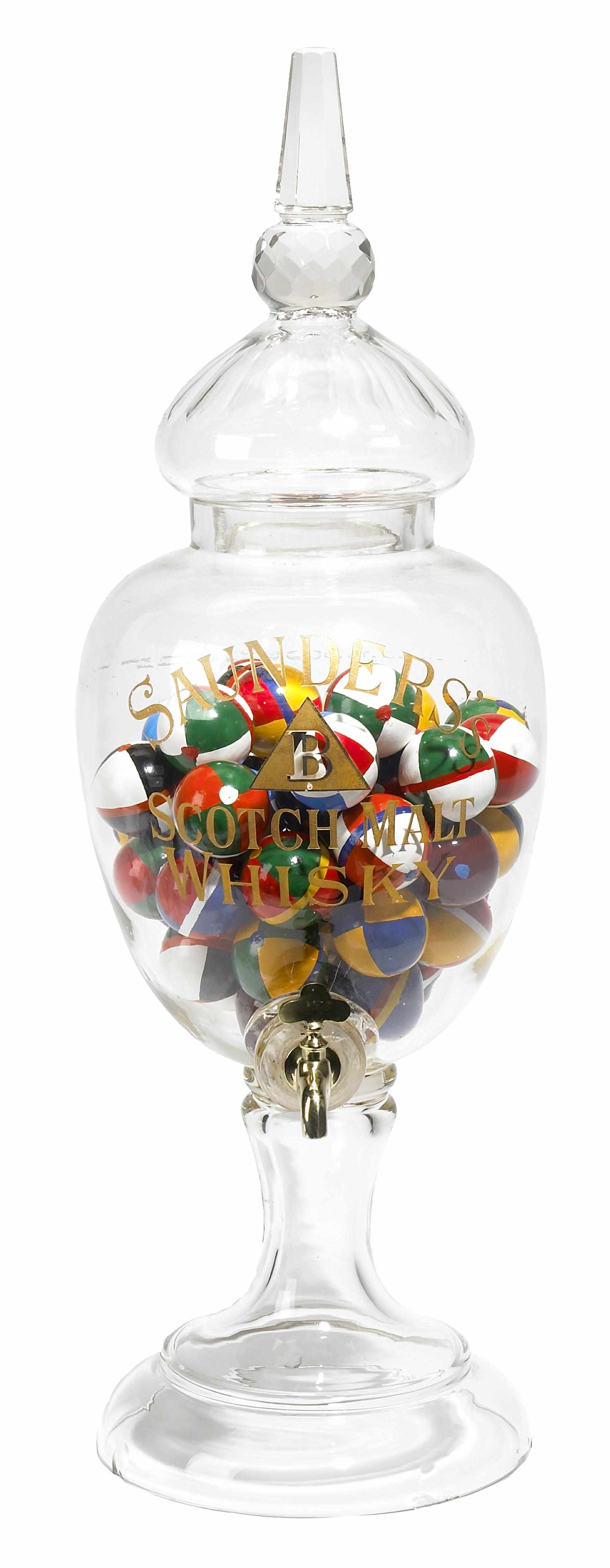 Appraisal: A glass whiskey dispenser containing a collection of paint decorated