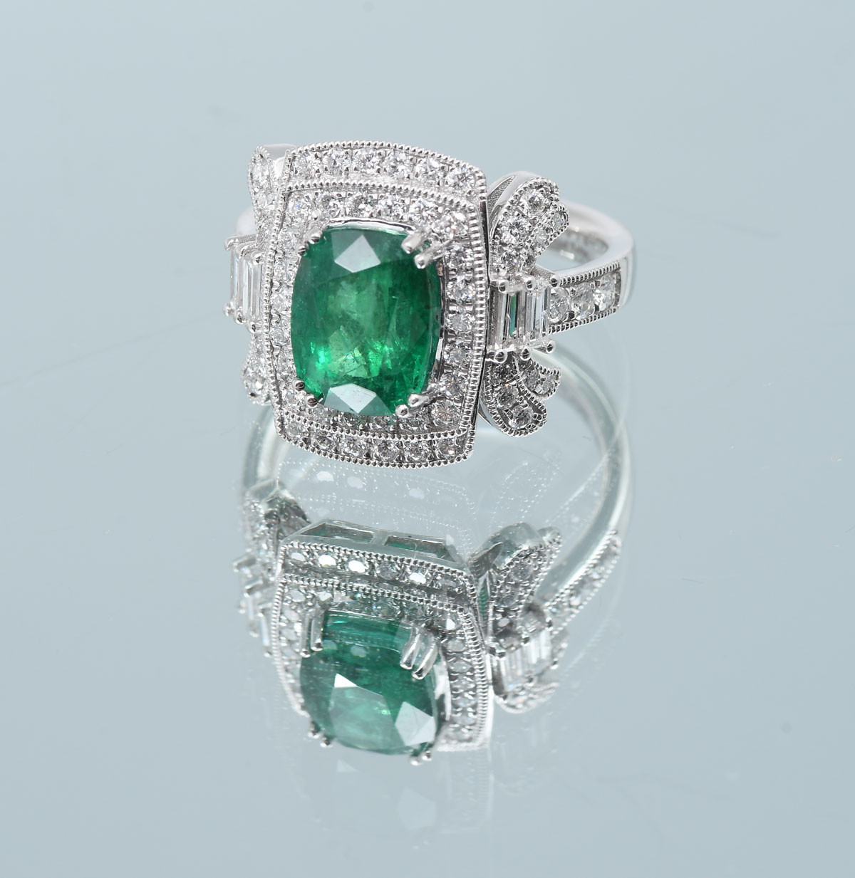 Appraisal: PLATINUM CTW EMERALD DIAMOND RING Single cushion mixed cut emerald