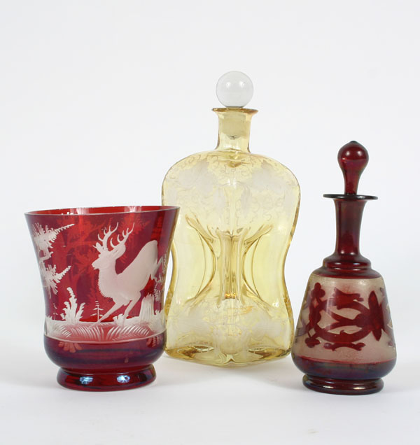 Appraisal: Art glass items Bohemian glass with deer and forest scene