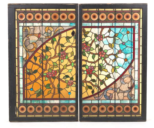 Appraisal: OVERSIZED STAINED GLASS WINDOW DIPTYCH x per panel Designed in