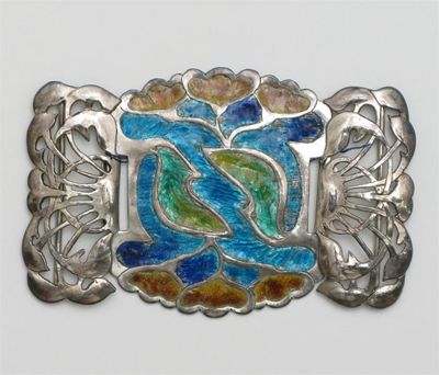 Appraisal: An enamelled metal belt buckle three piece Art Nouveau foliate